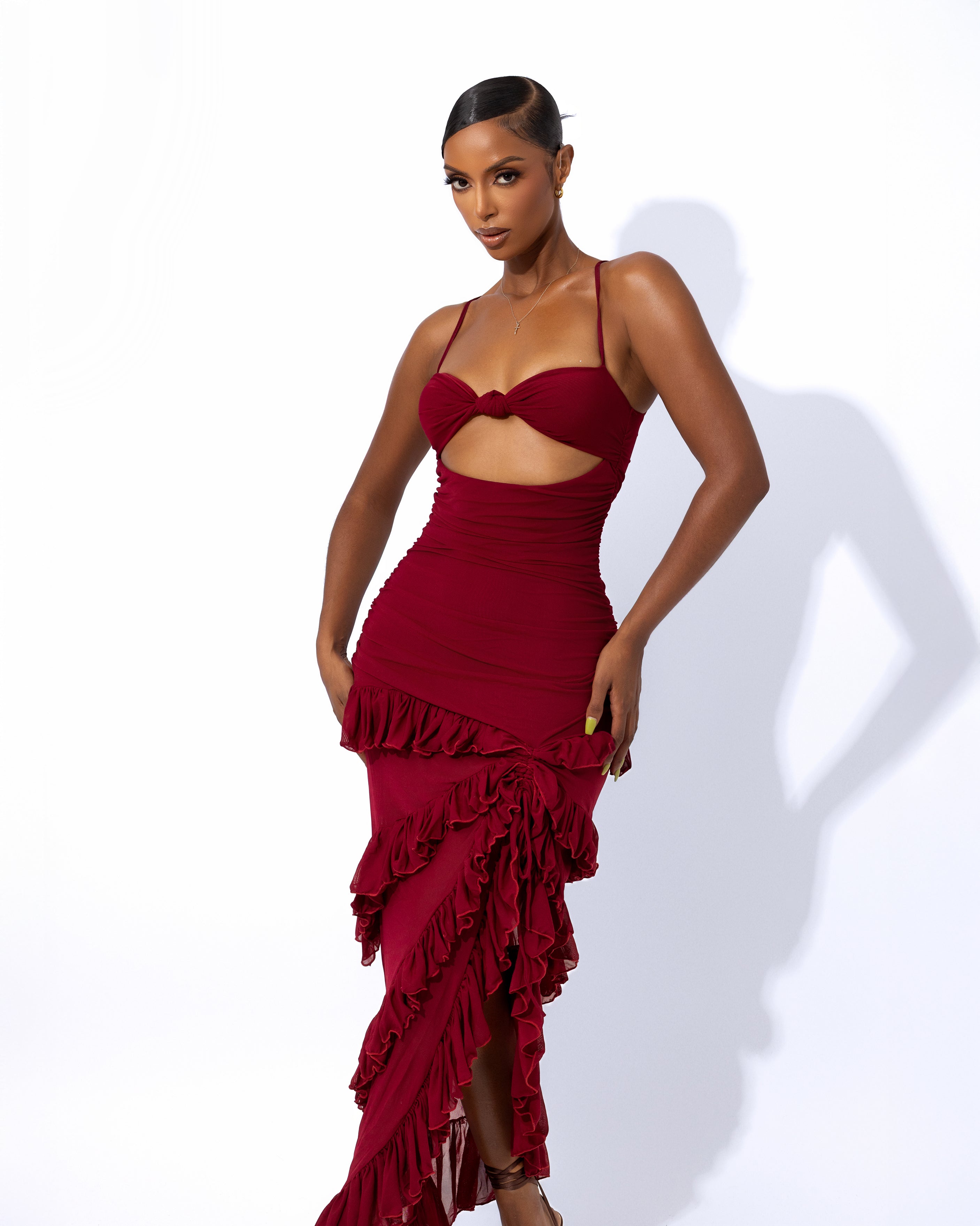 "PEACE" Frilled Maxi Dress - Wine