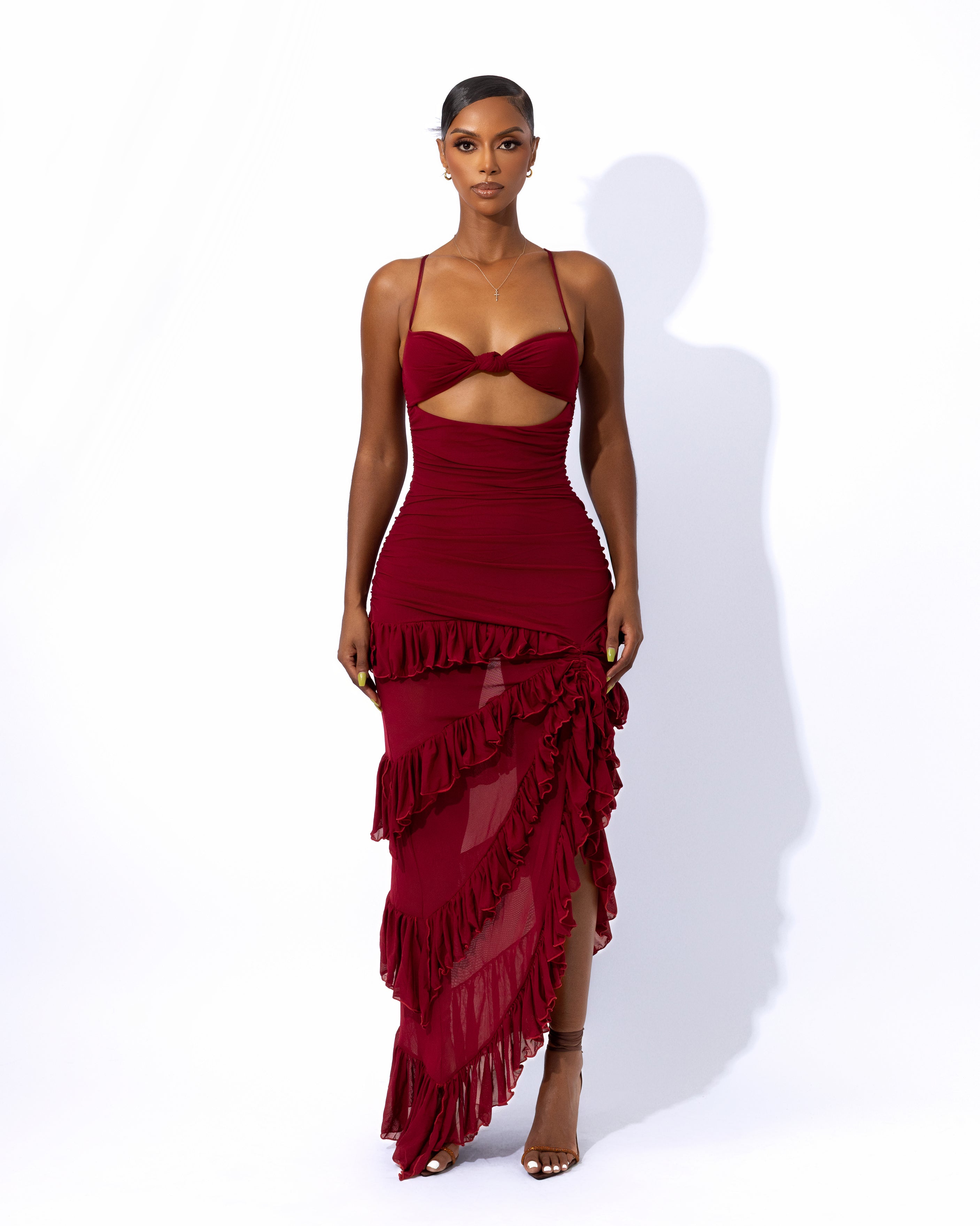 "PEACE" Frilled Maxi Dress - Wine