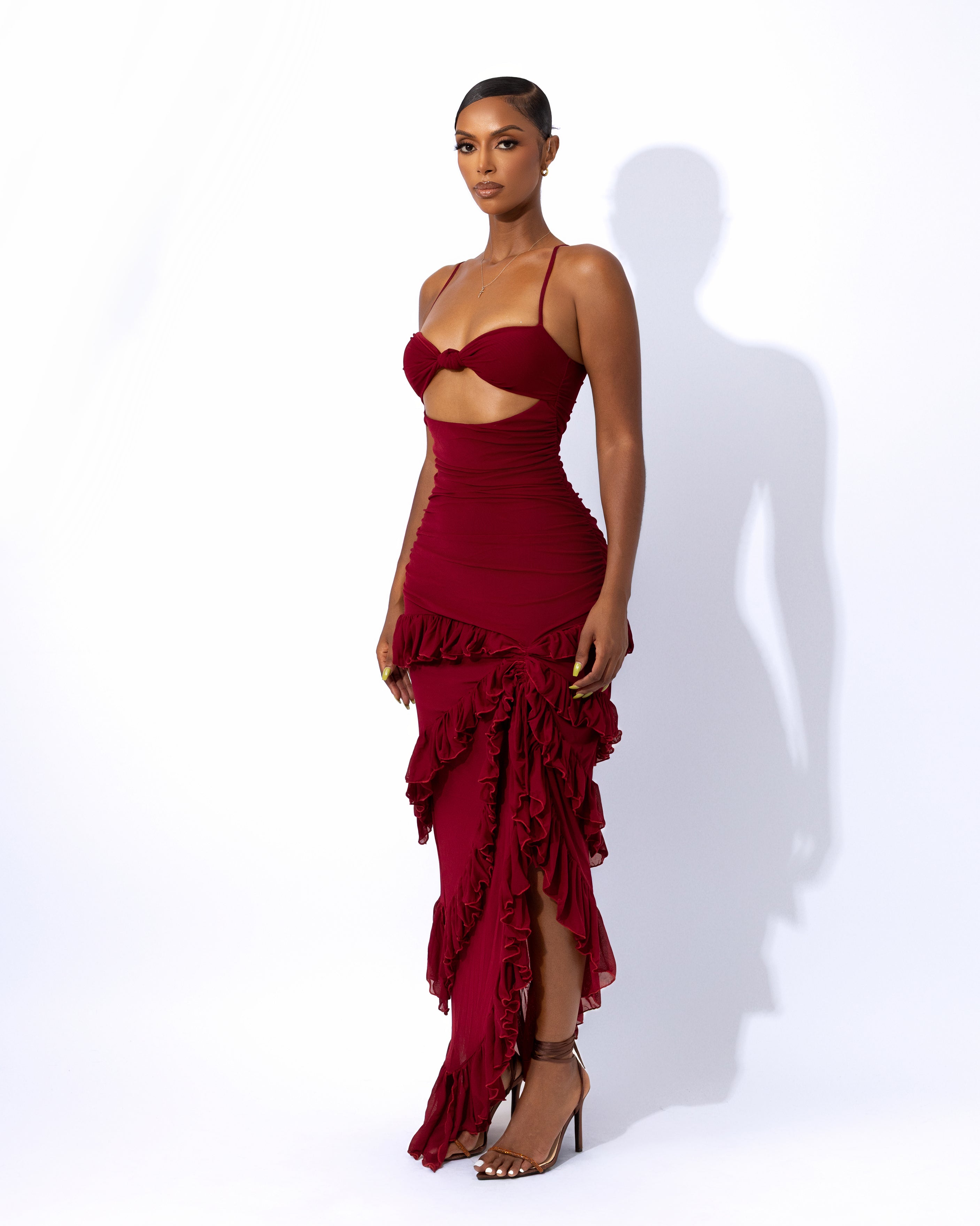 "PEACE" Frilled Maxi Dress - Wine