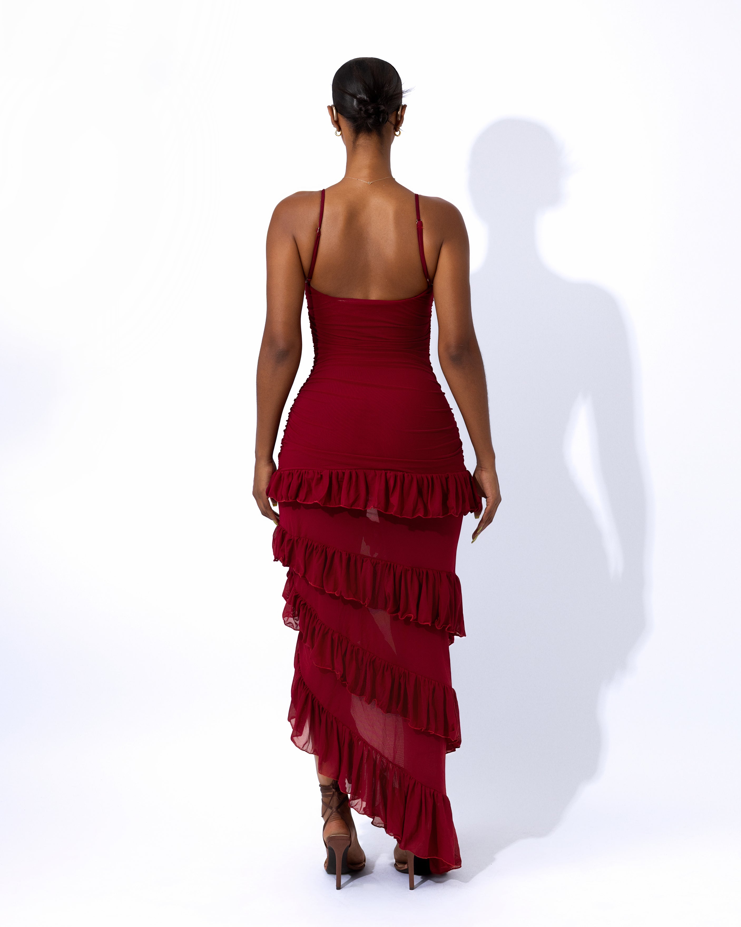 "PEACE" Frilled Maxi Dress - Wine