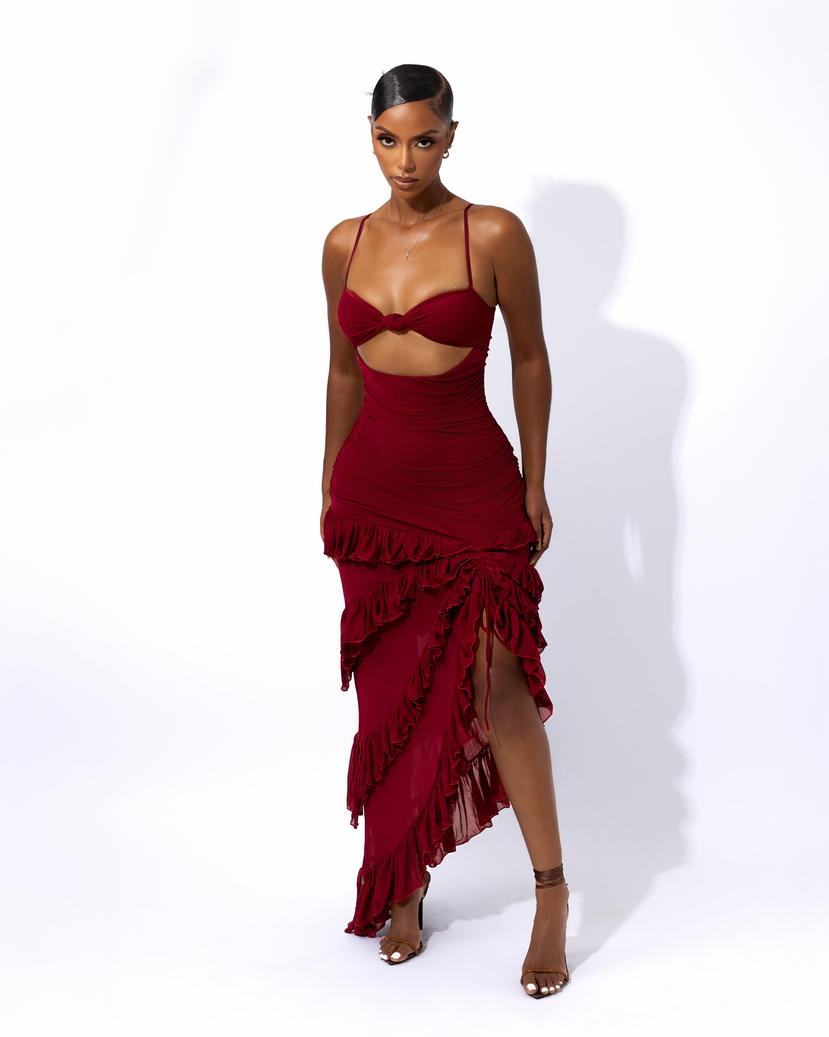 "PEACE" Frilled Maxi Dress - Wine