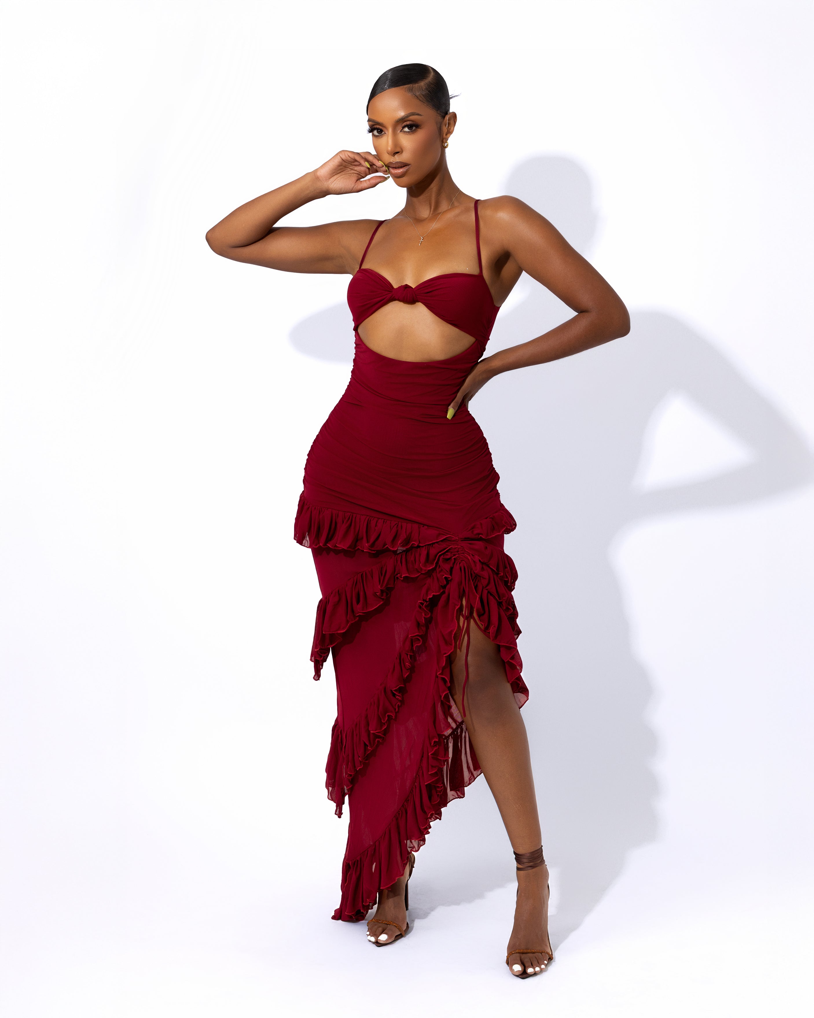 "PEACE" Frilled Maxi Dress - Wine