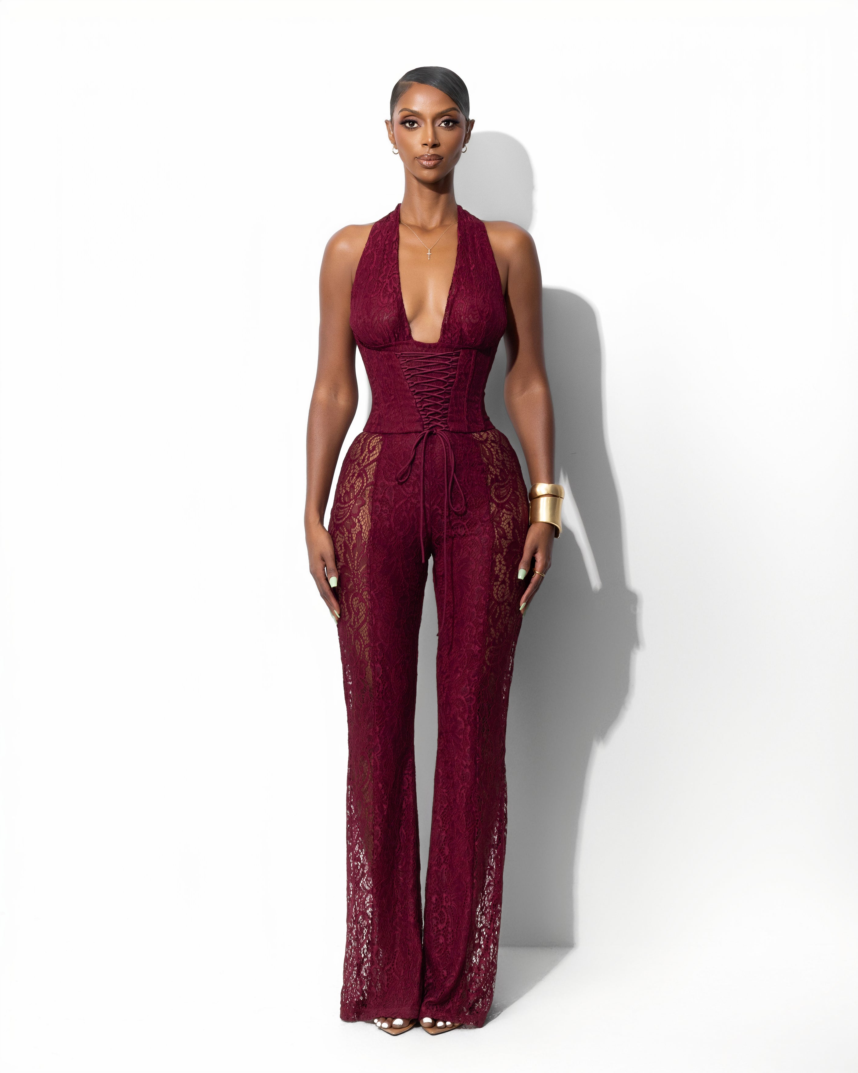 "TROUBLE" Lace Jumpsuit - Burgundy