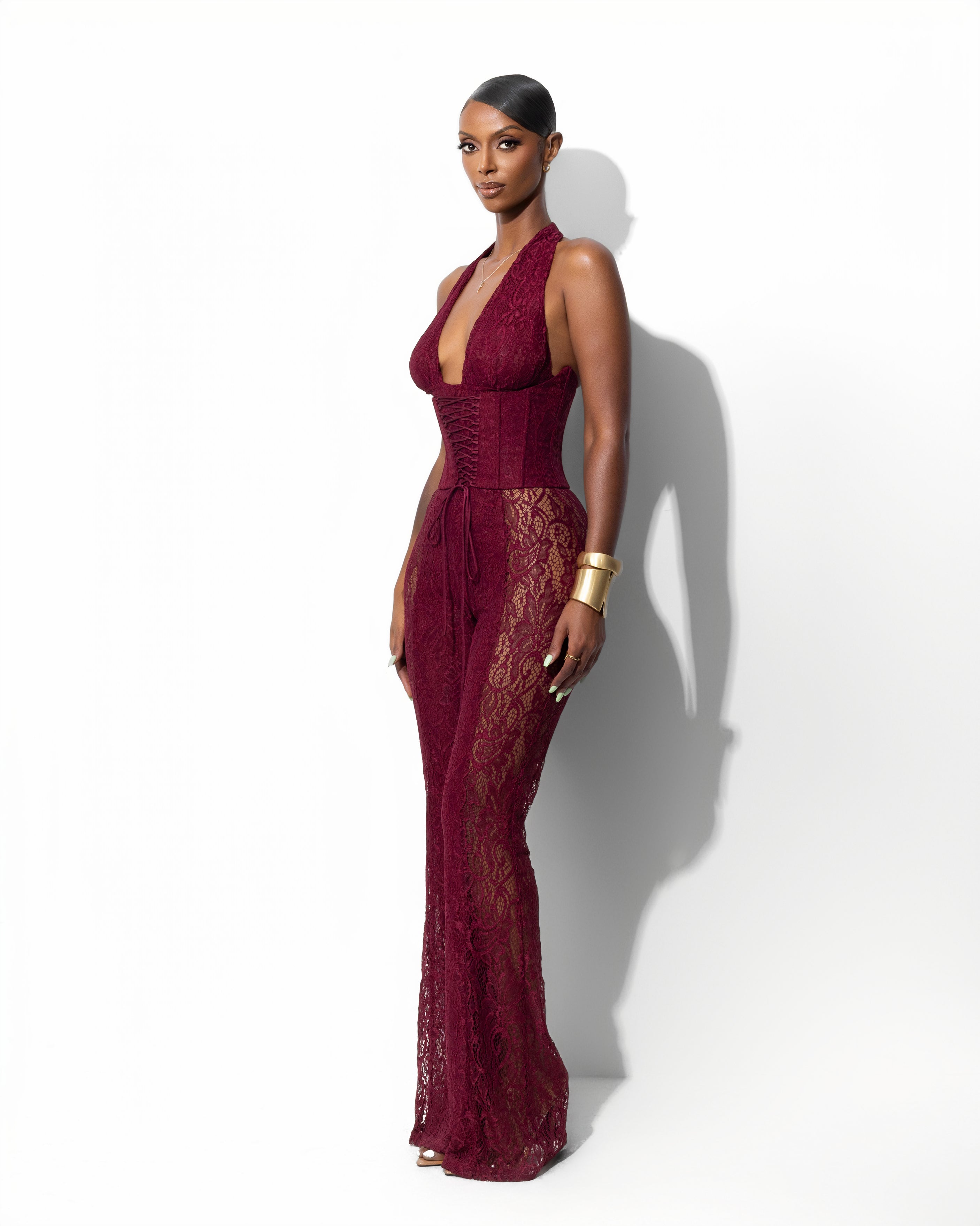 "TROUBLE" Lace Jumpsuit - Burgundy