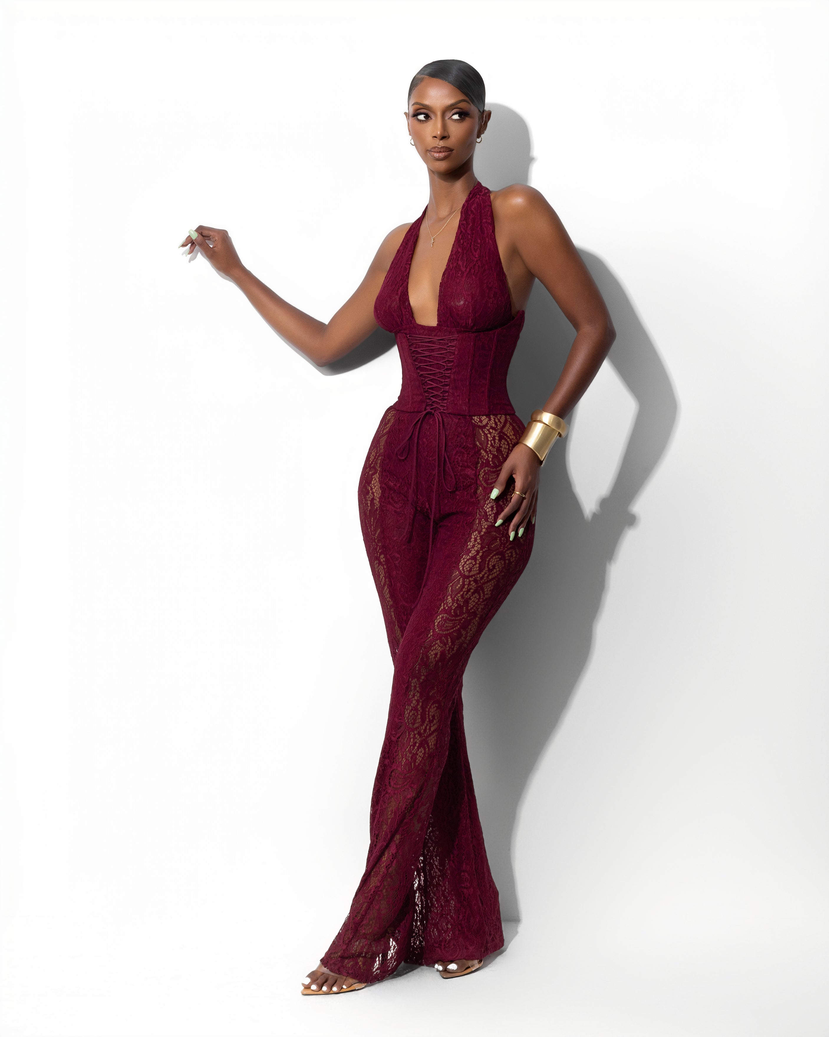 "TROUBLE" Lace Jumpsuit - Burgundy
