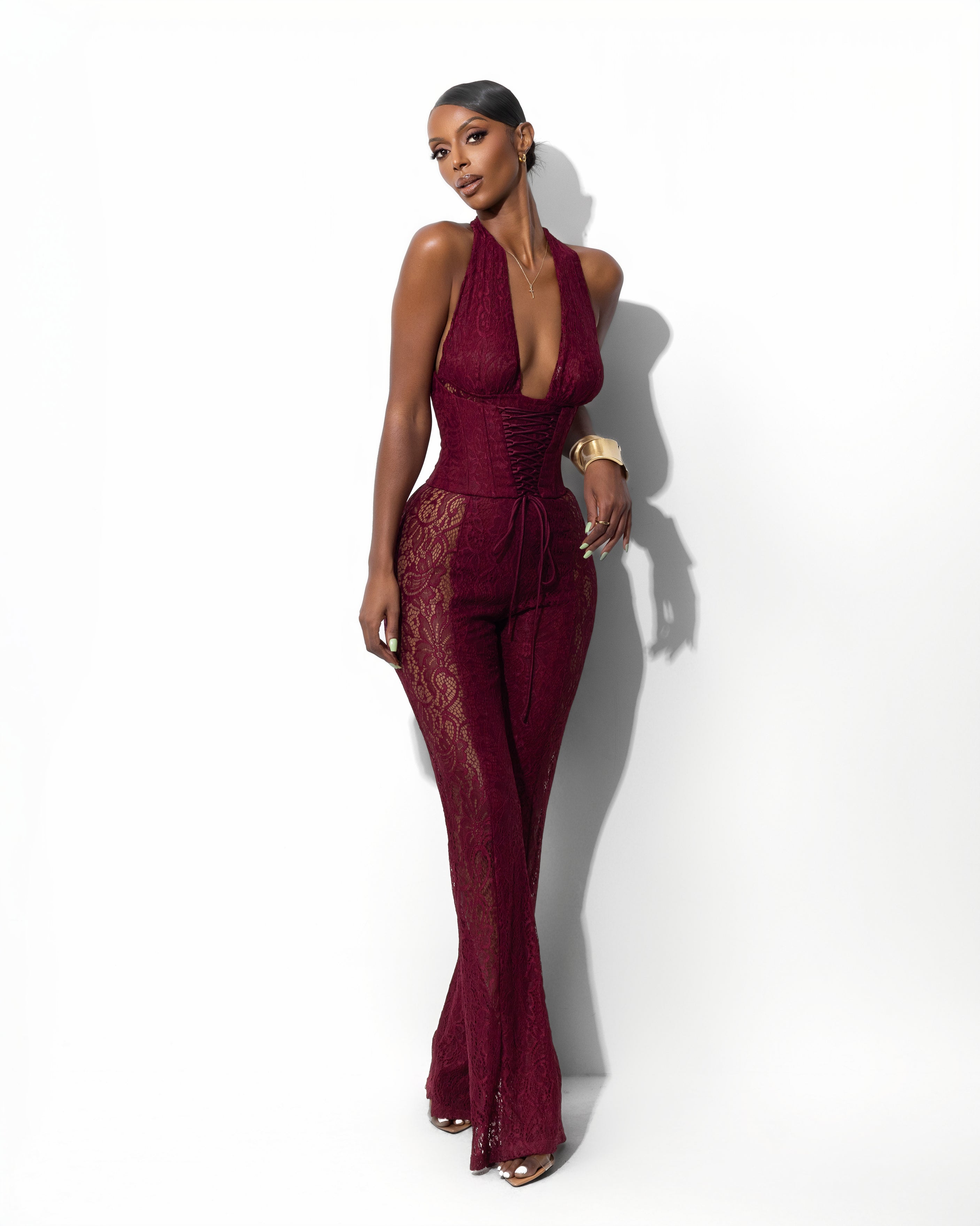 "TROUBLE" Lace Jumpsuit - Burgundy