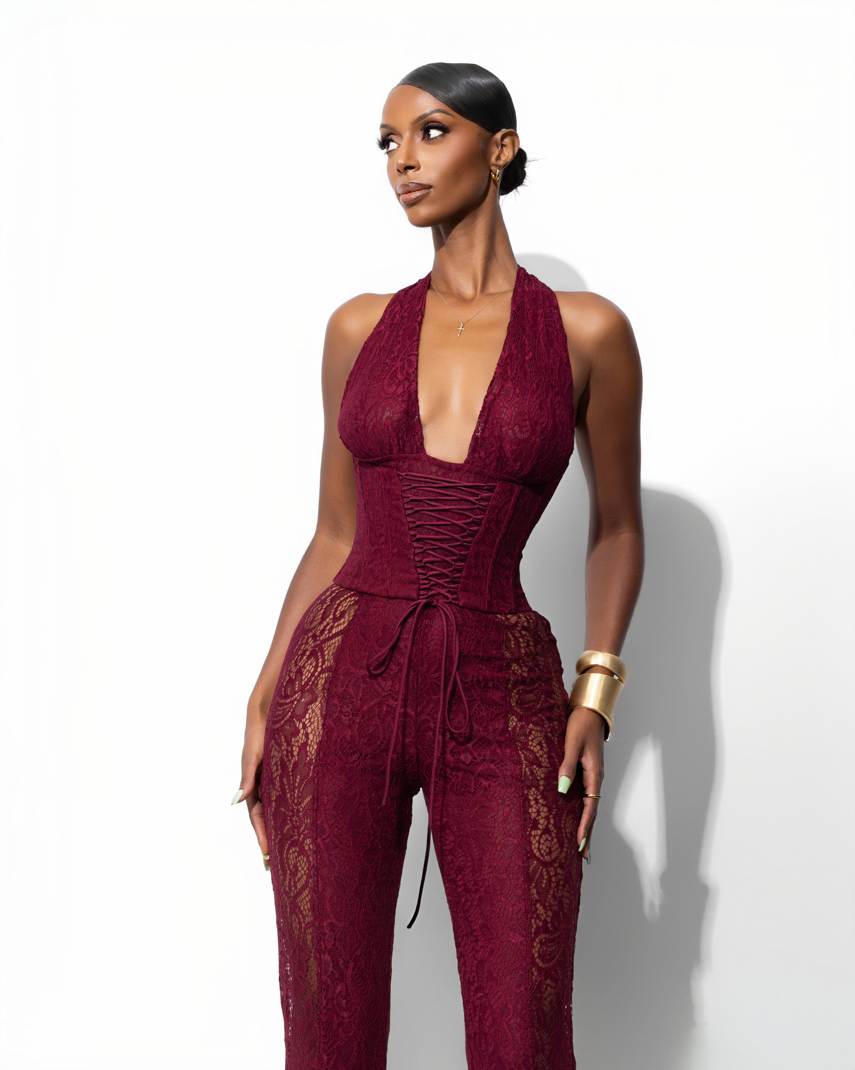 "TROUBLE" Lace Jumpsuit - Burgundy