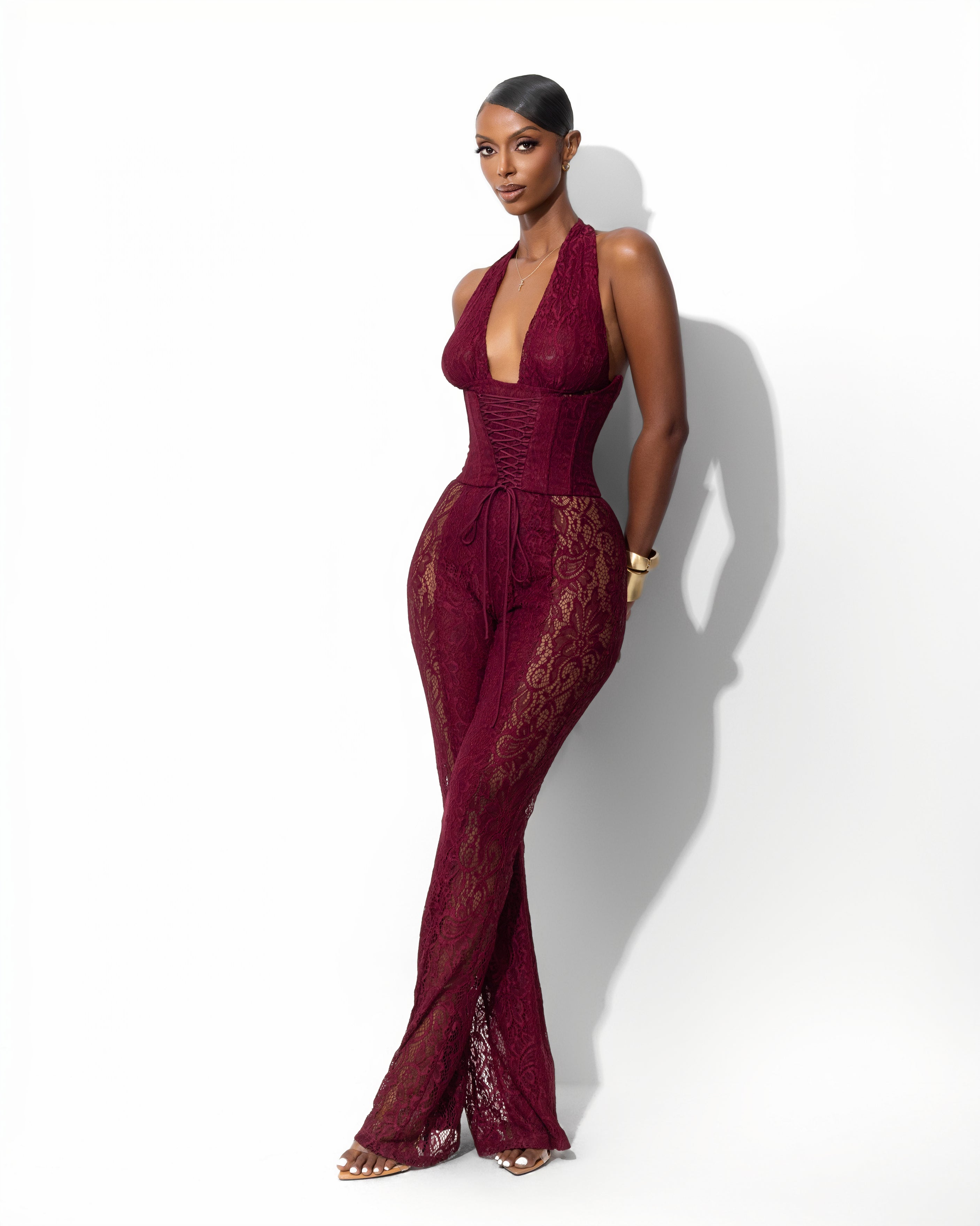 "TROUBLE" Lace Jumpsuit - Burgundy