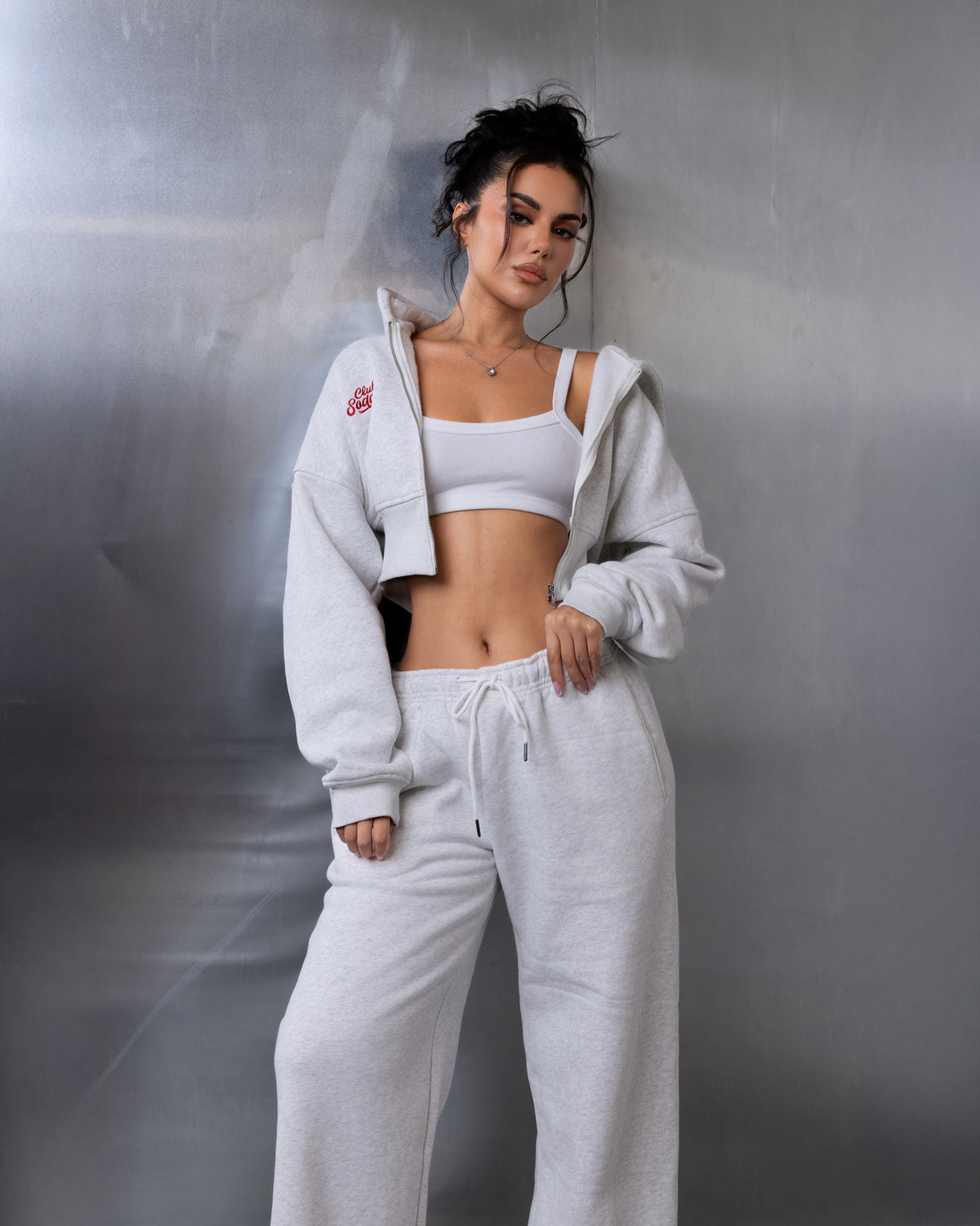 "MAISON" Cropped Hoodie - Grey/Red