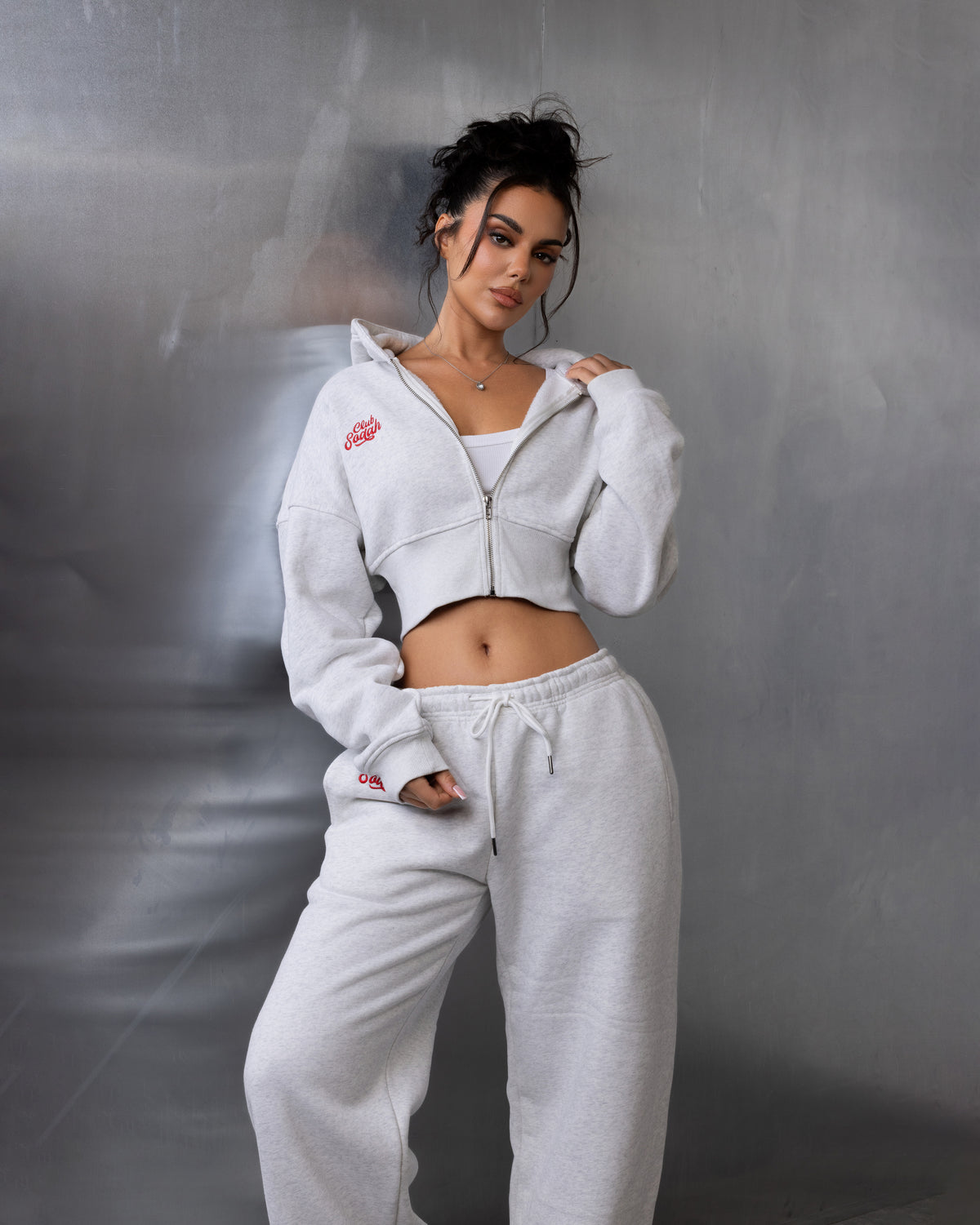"MAISON" Cropped Hoodie - Grey/Red