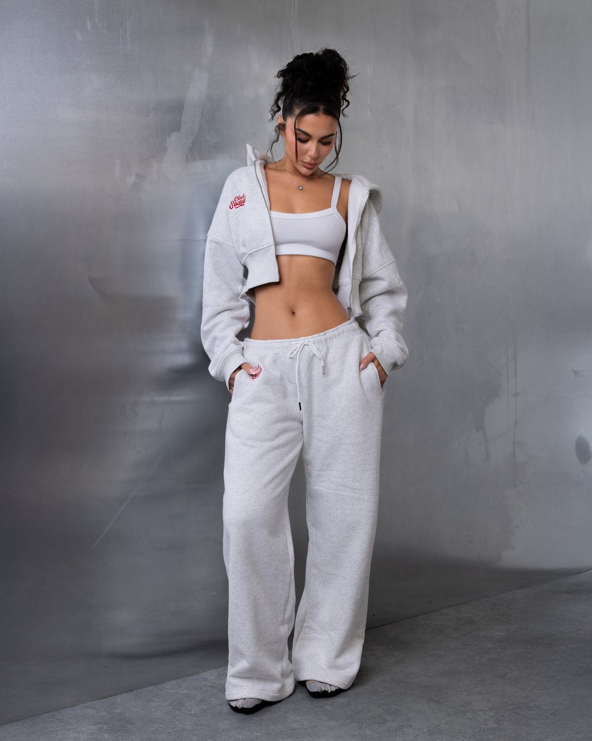 "MAISON" Cropped Hoodie - Grey/Red