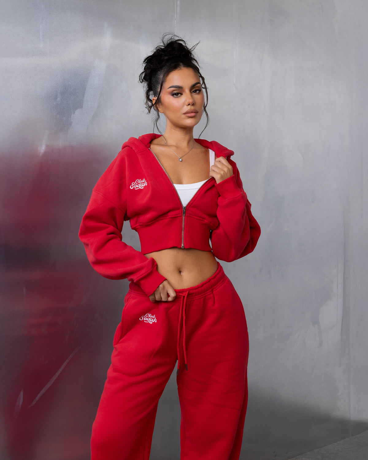 "MAISON" Cropped Hoodie - Red/White