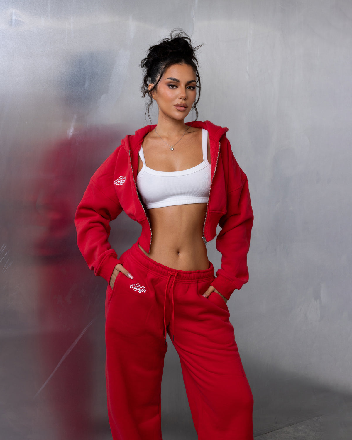 "MAISON" Cropped Hoodie - Red/White