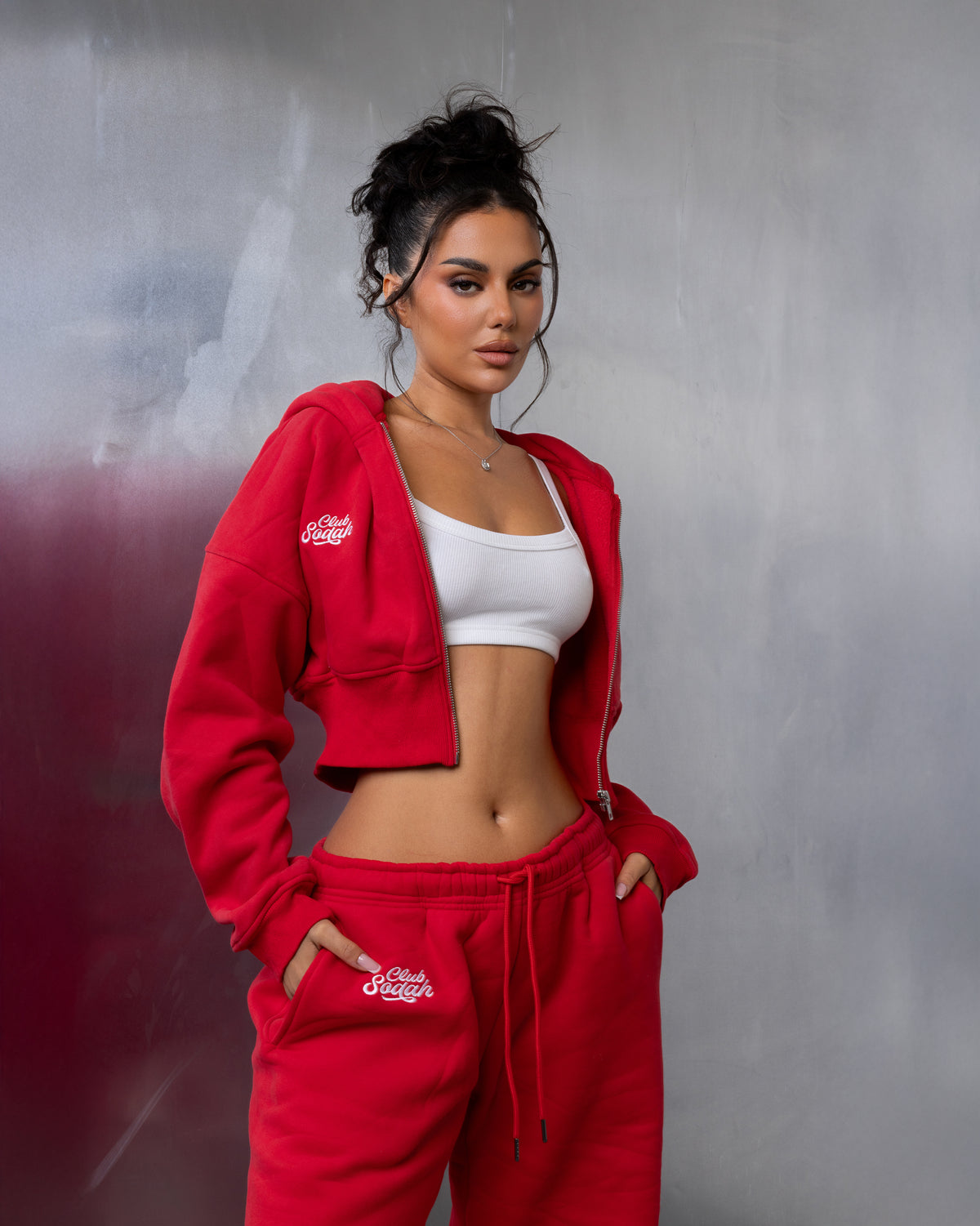 "MAISON" Cropped Hoodie - Red/White