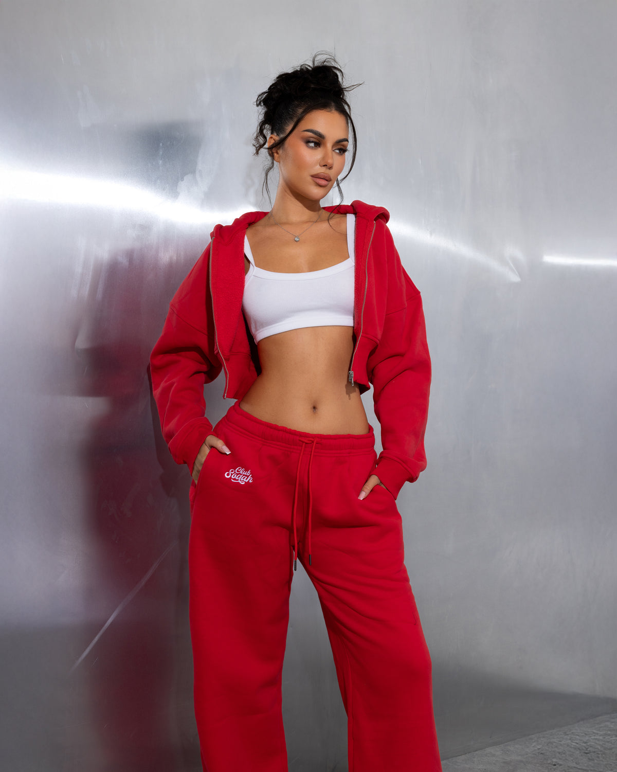 "MAISON" Cropped Hoodie - Red/White