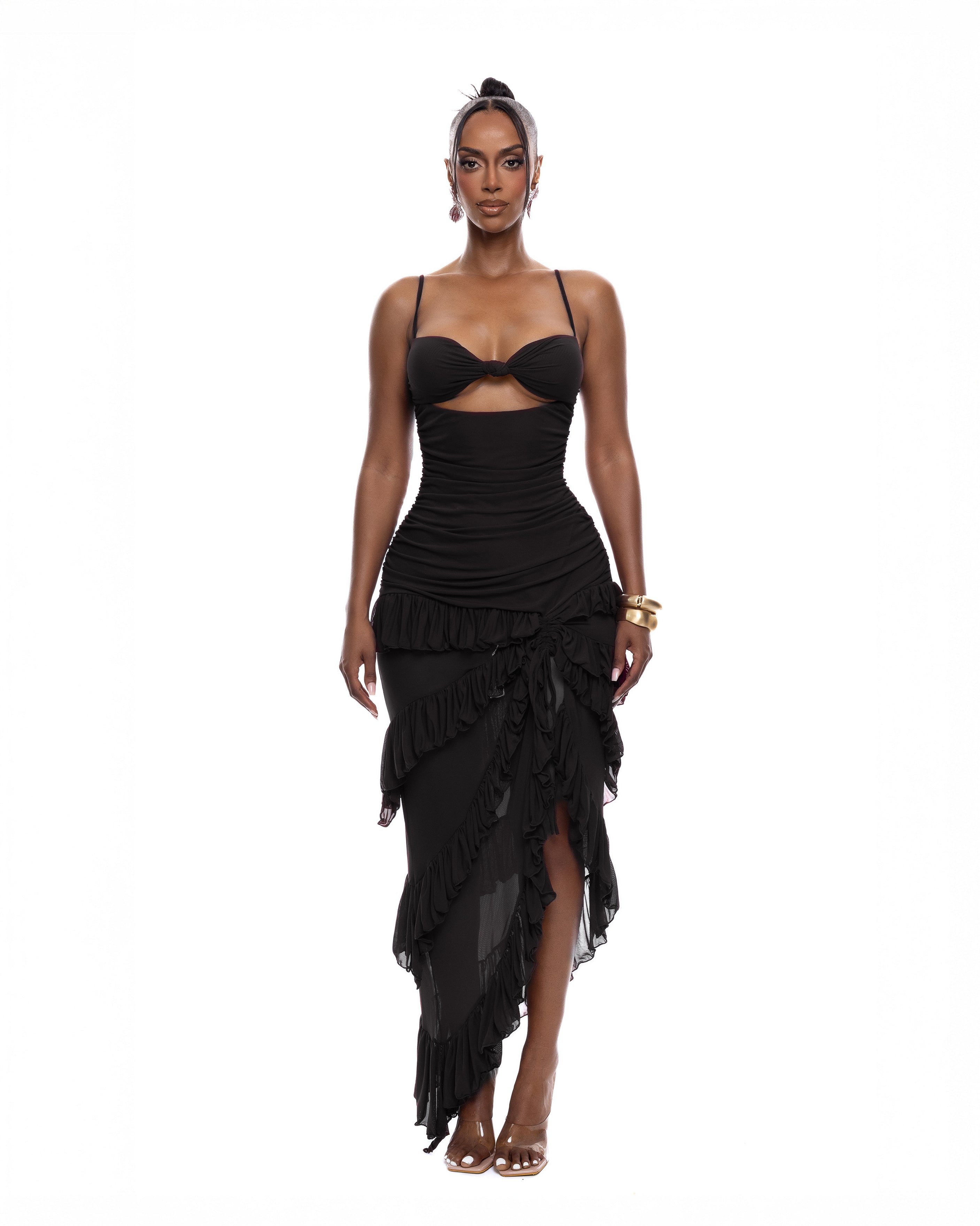 "PEACE" Frilled Maxi Dress - Black