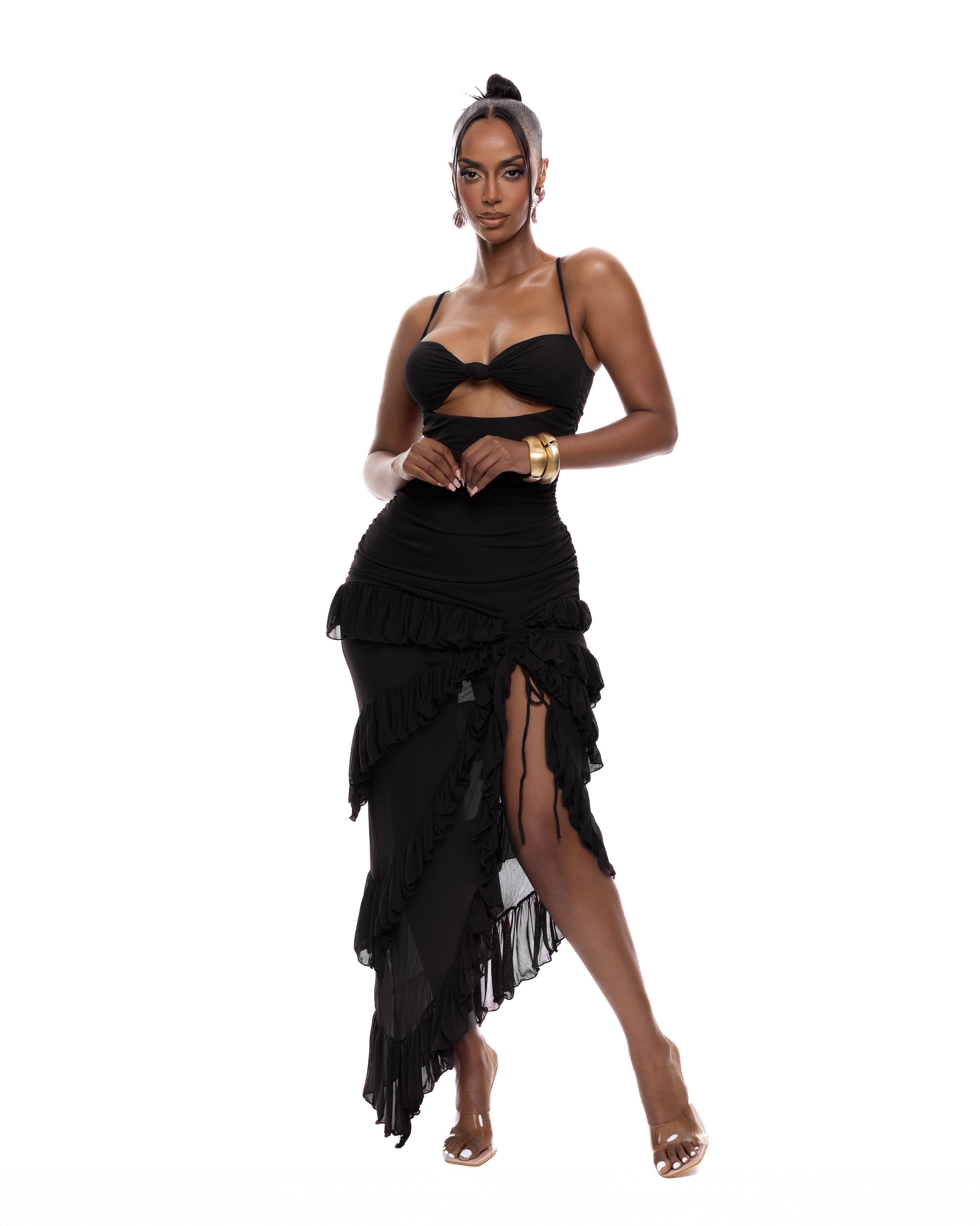 "PEACE" Frilled Maxi Dress - Black