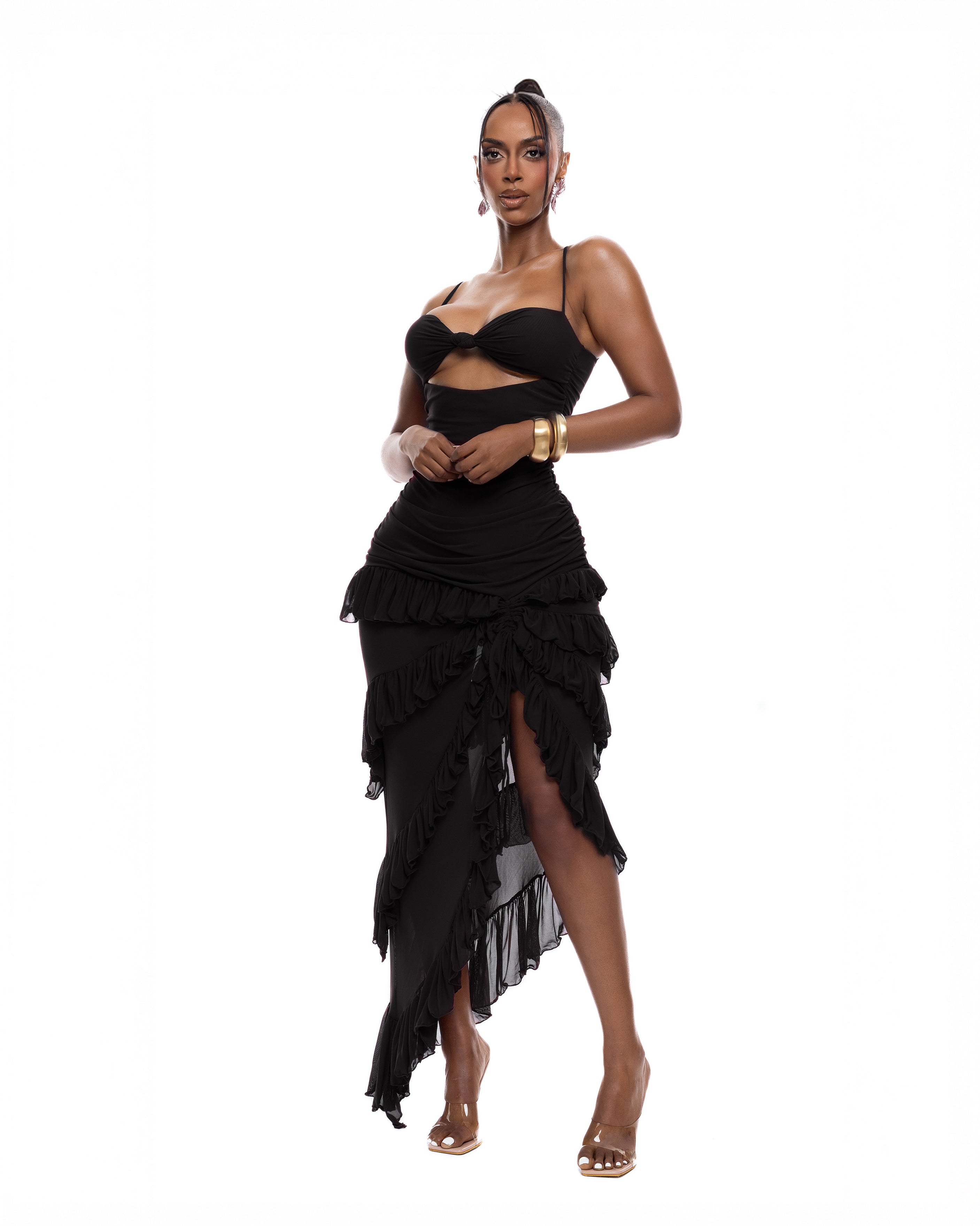 "PEACE" Frilled Maxi Dress - Black