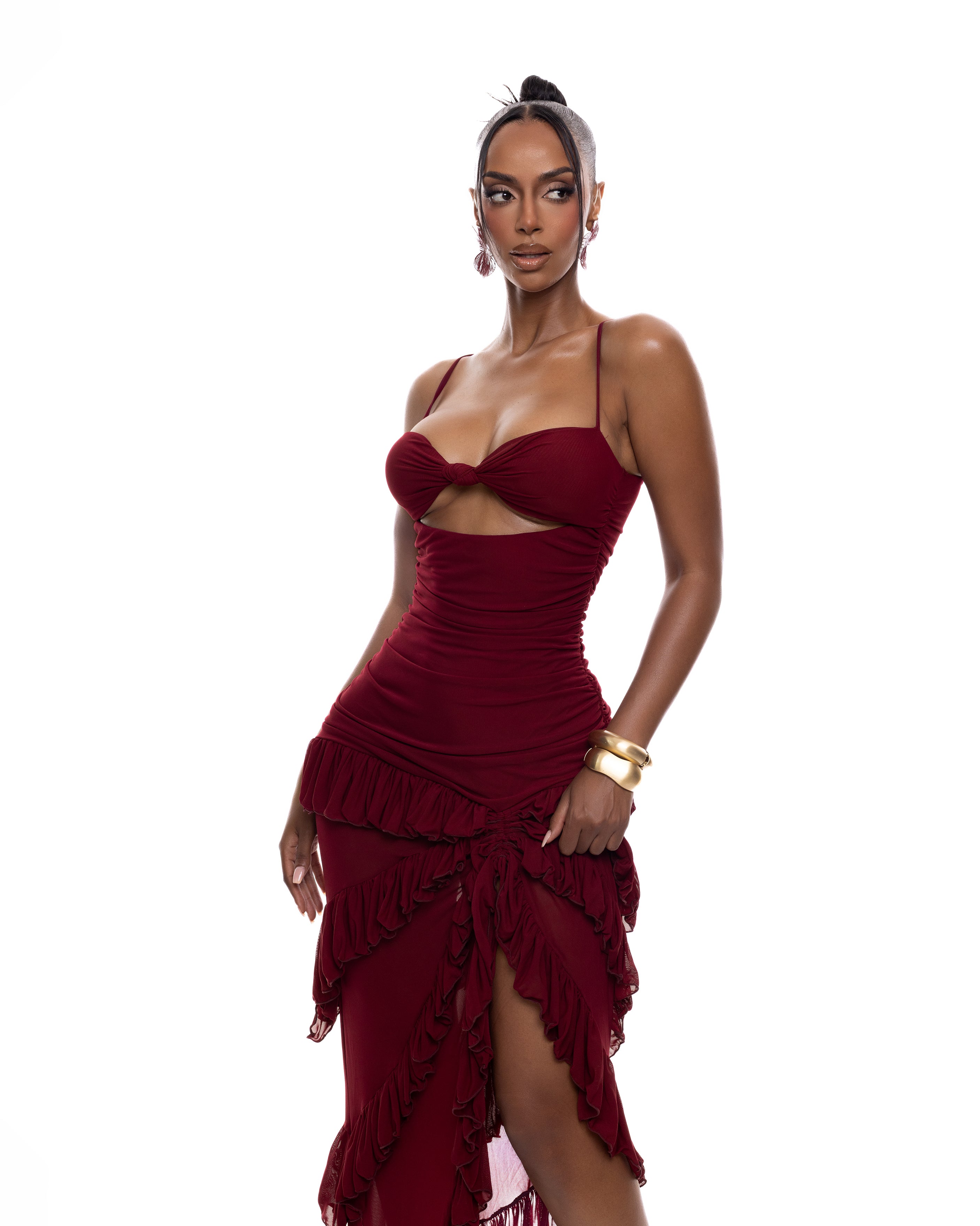 "PEACE" Frilled Maxi Dress - Wine