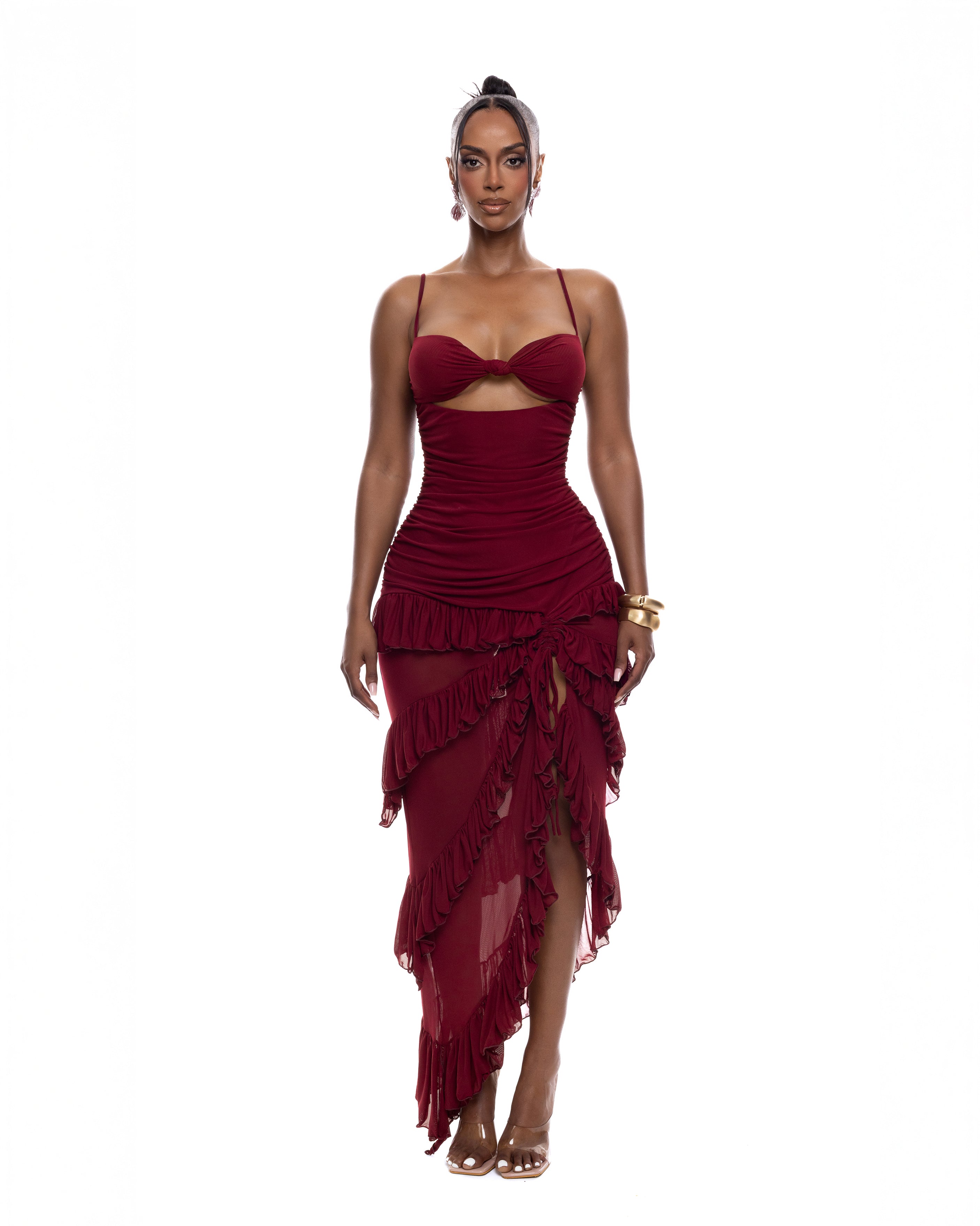 "PEACE" Frilled Maxi Dress - Wine