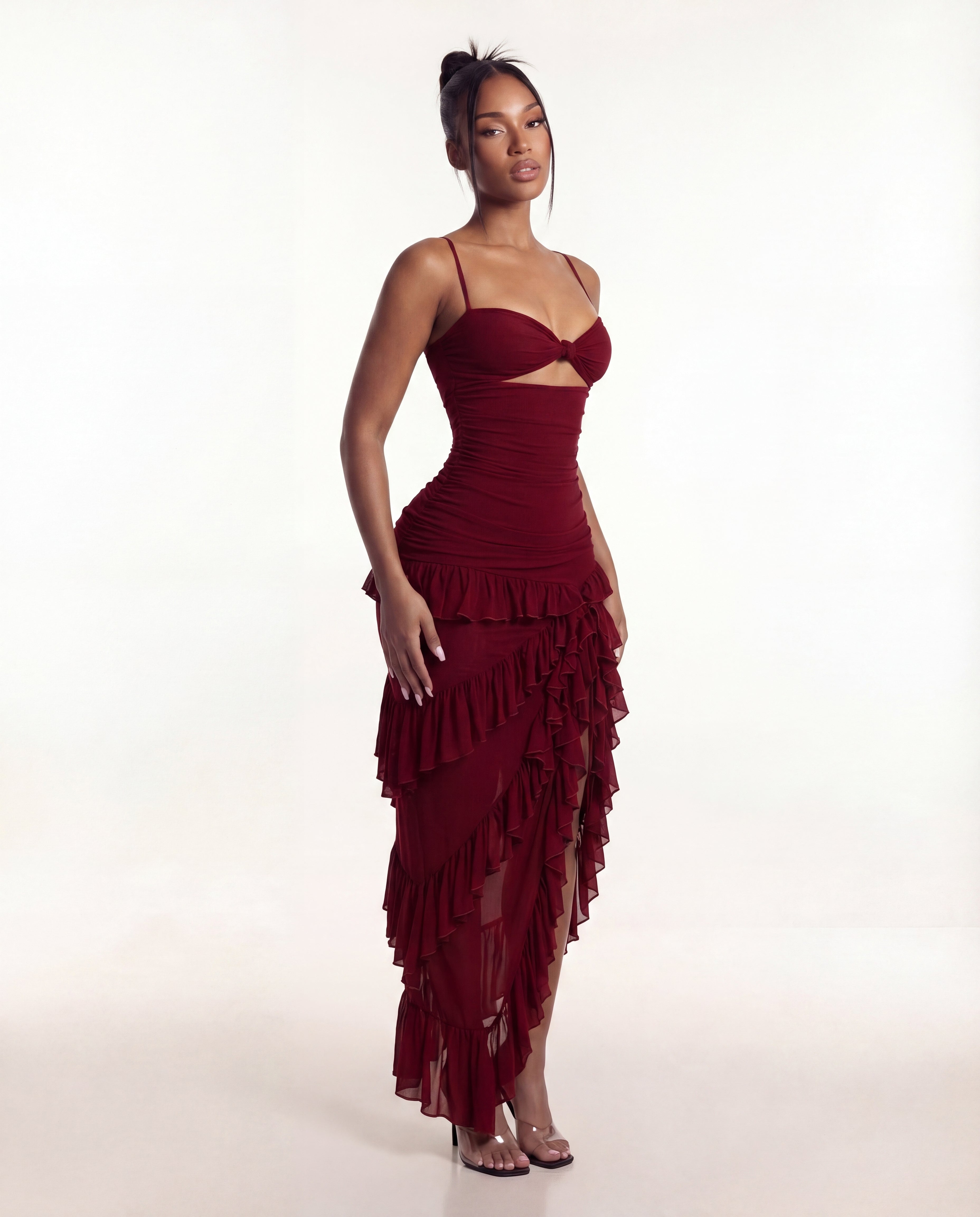 "PEACE" Frilled Maxi Dress - Wine