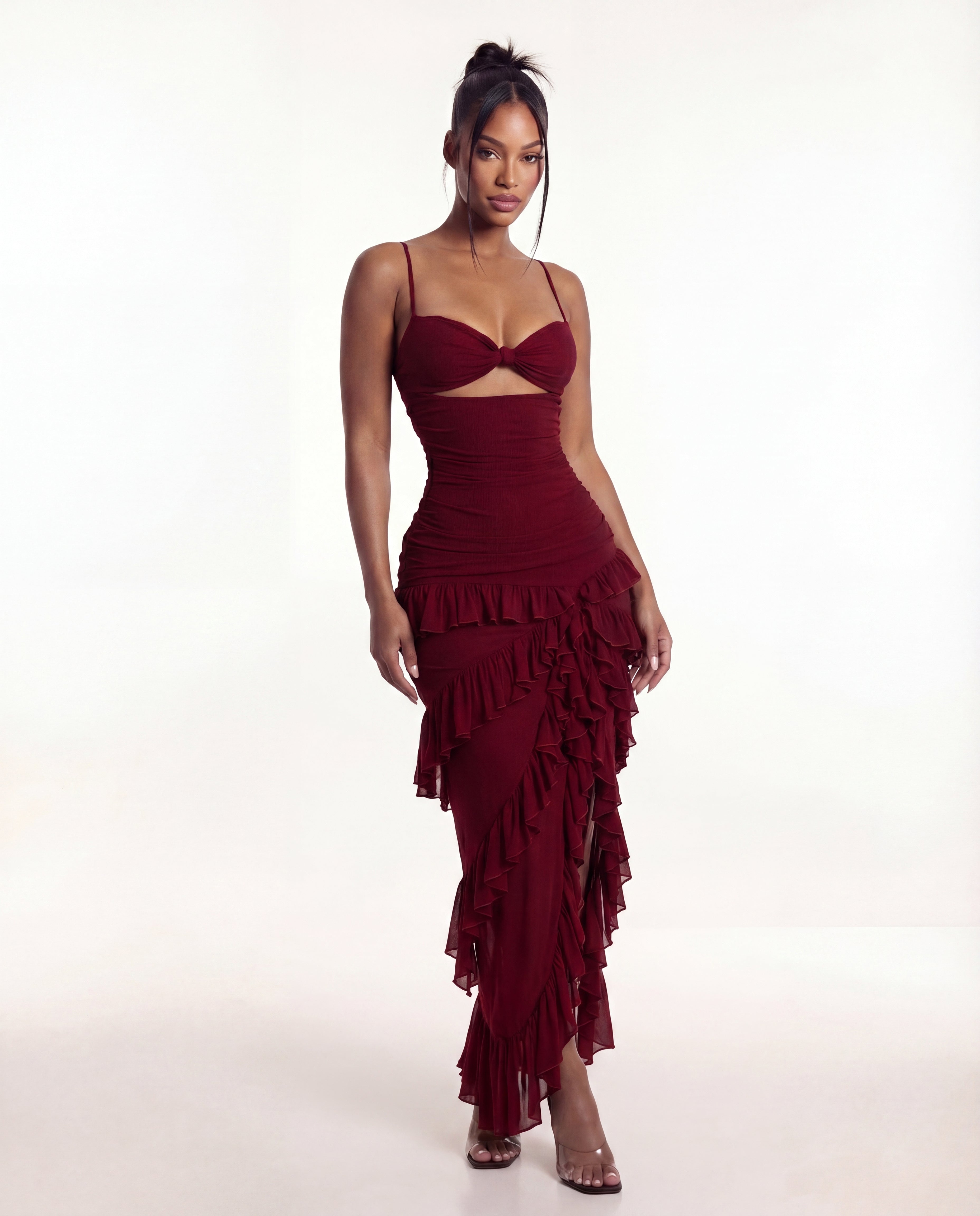 "PEACE" Frilled Maxi Dress - Wine