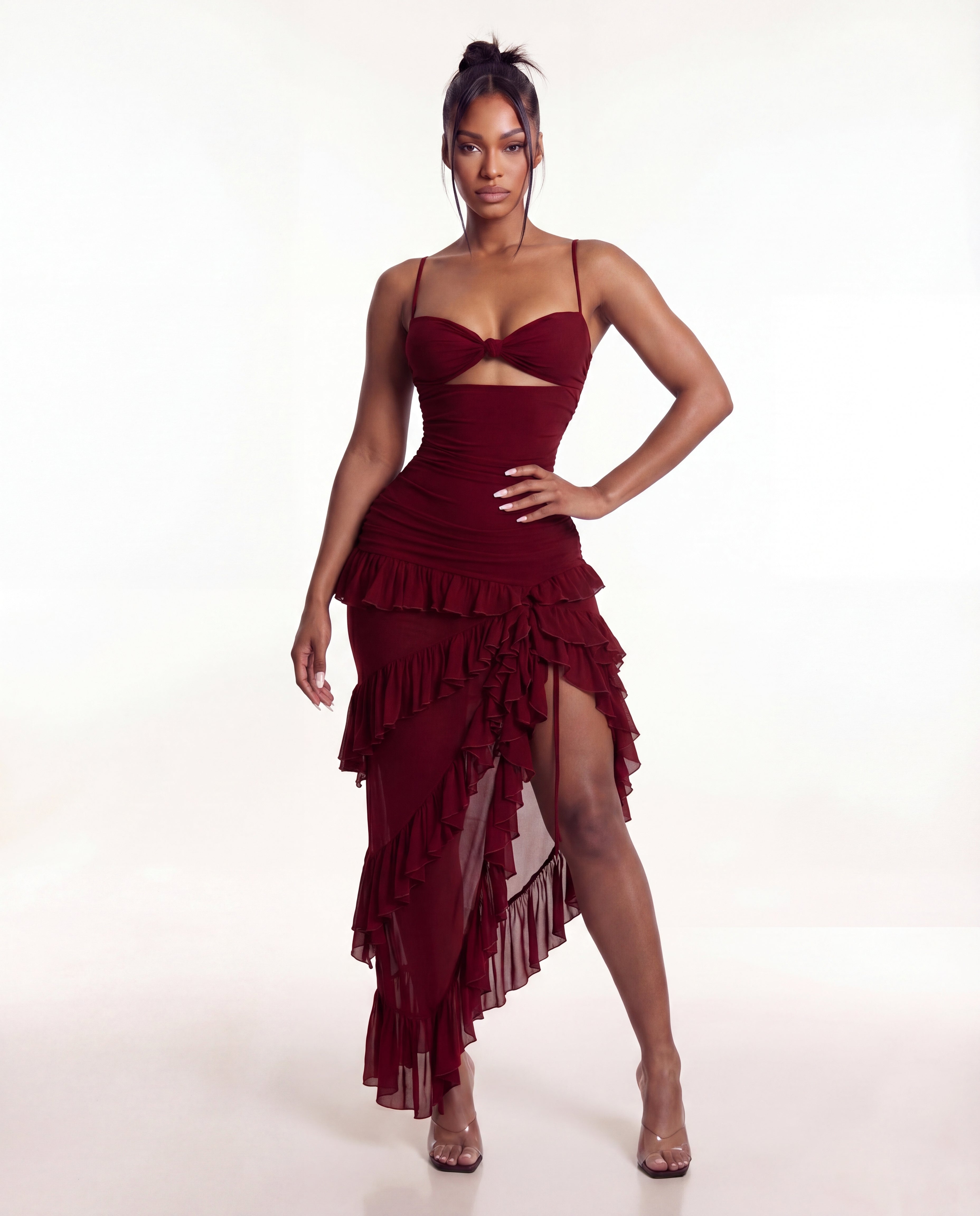 "PEACE" Frilled Maxi Dress - Wine
