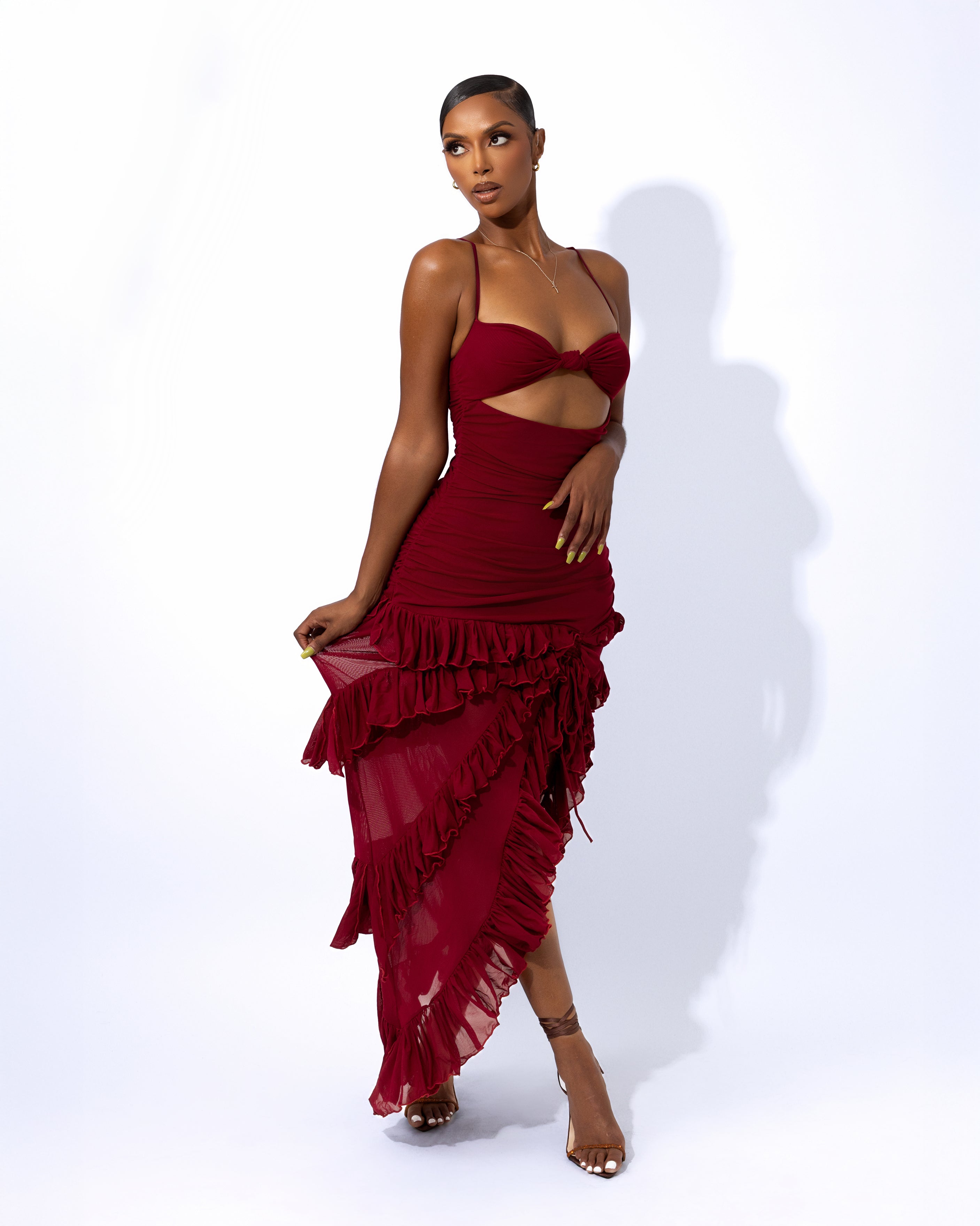 &quot;PEACE&quot; Frilled Maxi Dress - Wine