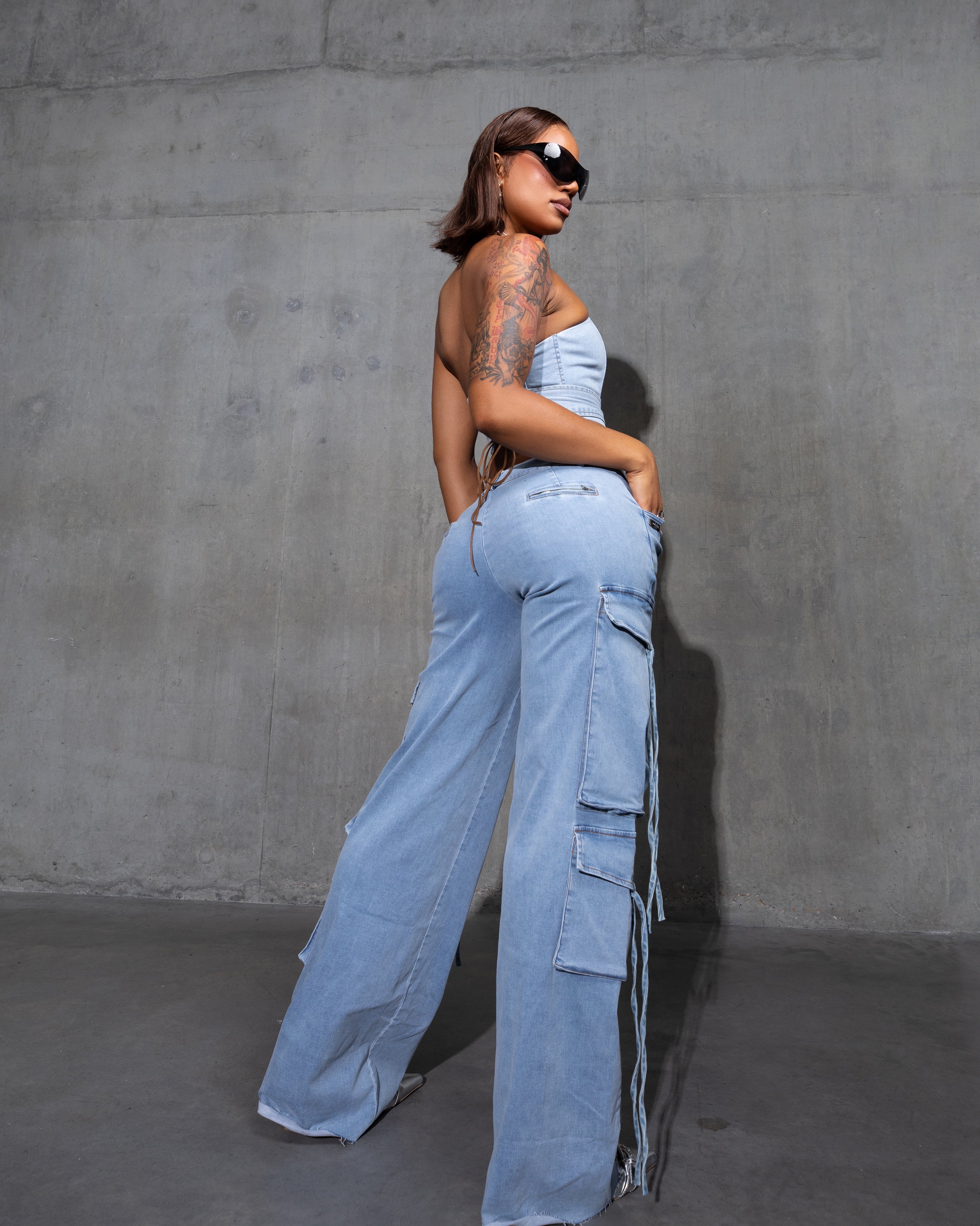 &quot;SINNER&quot; Cargo Trousers - Denim Blue