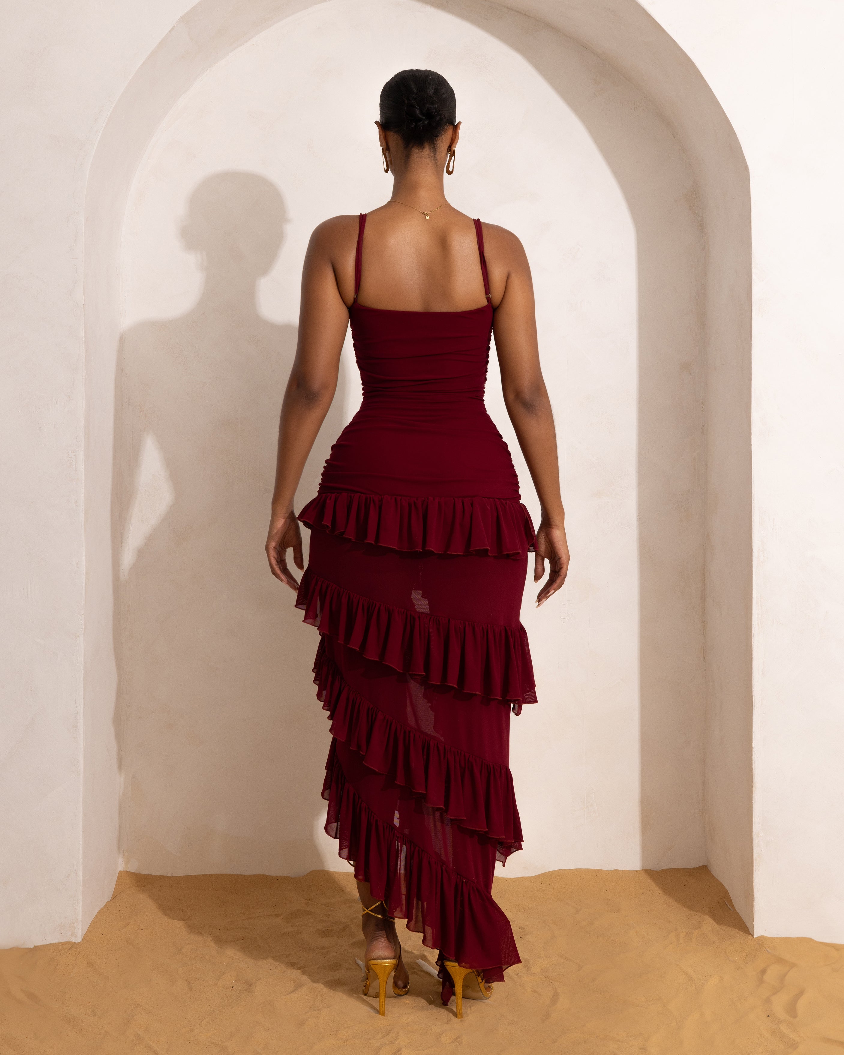 &quot;PEACE&quot; Frilled Maxi Dress - Wine