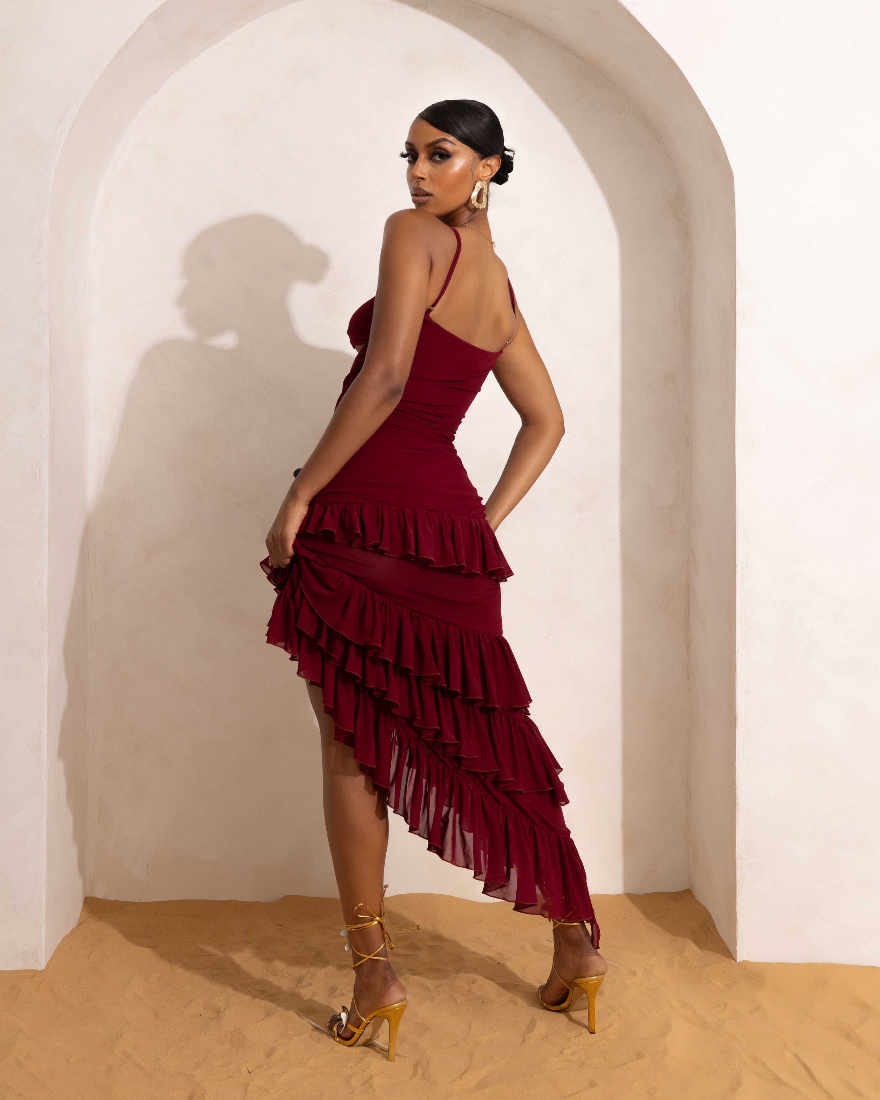 &quot;PEACE&quot; Frilled Maxi Dress - Wine