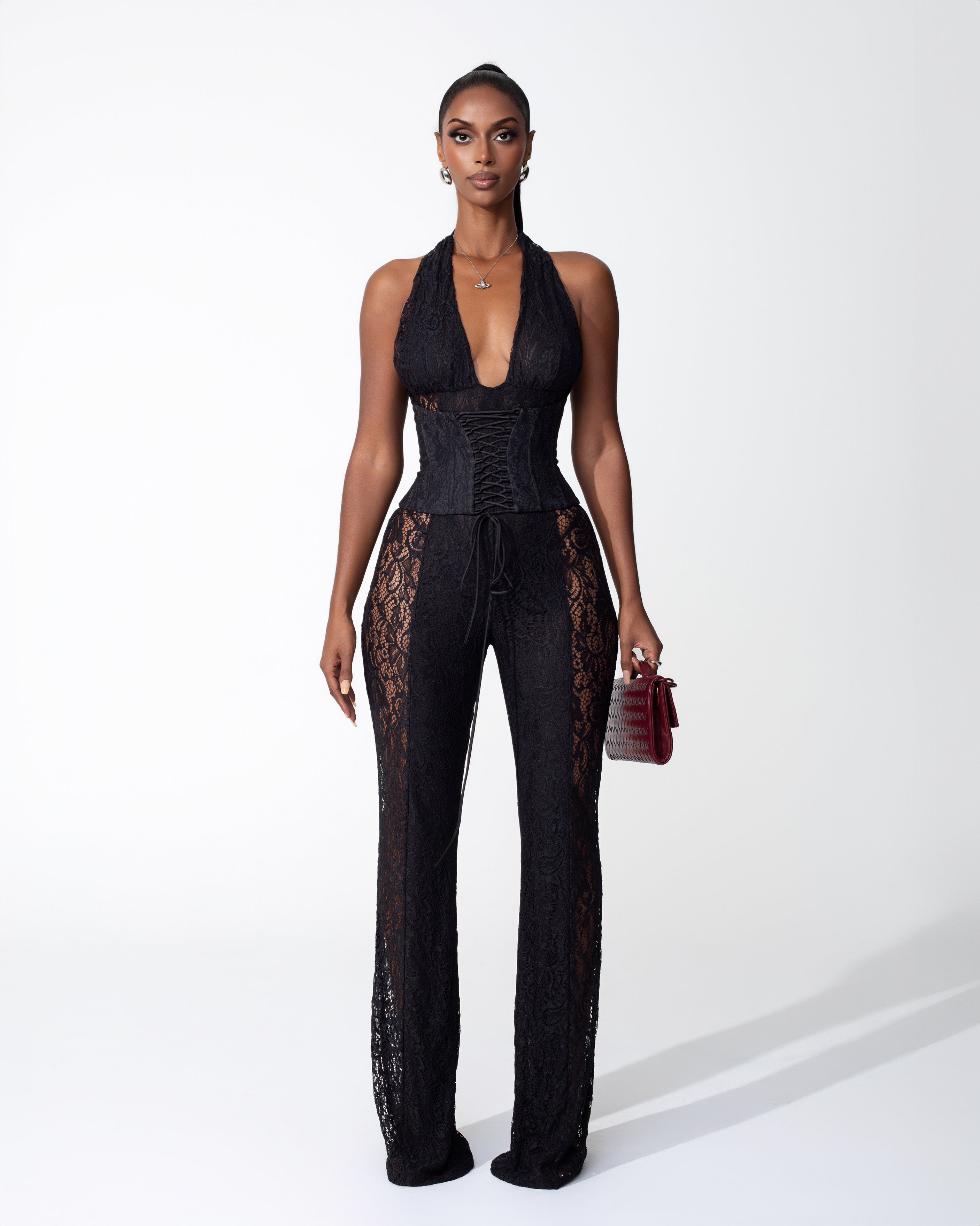 &quot;TROUBLE&quot; Lace Jumpsuit - Black